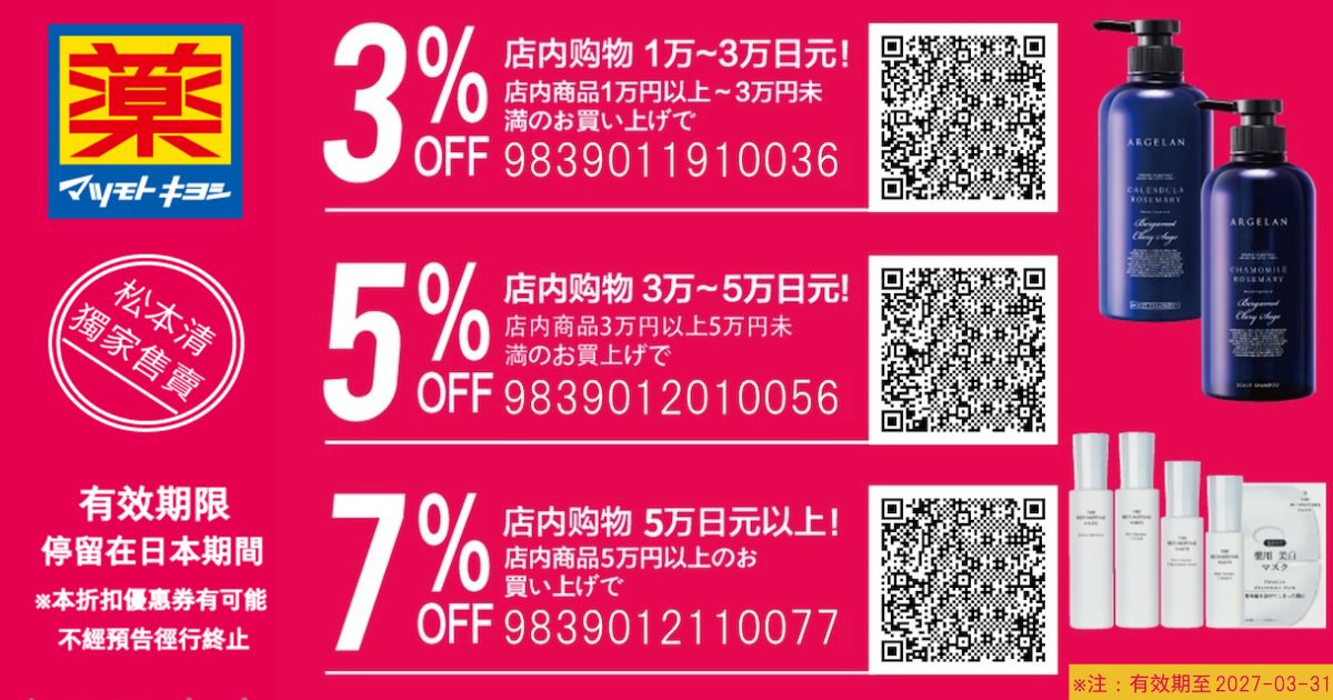2026最新【松本清優惠券】日本藥妝必買！最高7%折扣+免稅10%