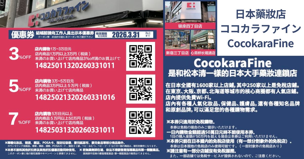 2025最新【Cocokara Fine優惠券】日本連鎖藥妝免稅+最高7%折扣下載