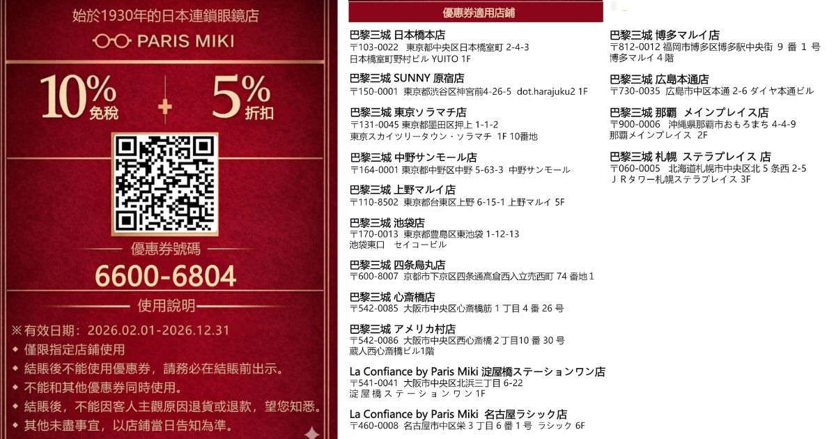 Paris Miki 巴黎三城眼鏡 優惠券